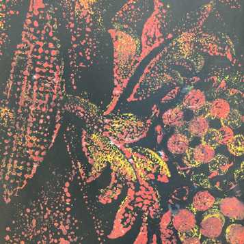 Red and yellow relief print using wallpaper, material and bubble wrap