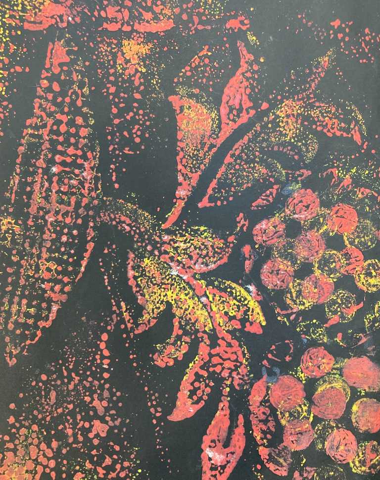 Red and yellow relief print using wallpaper, material and bubble wrap