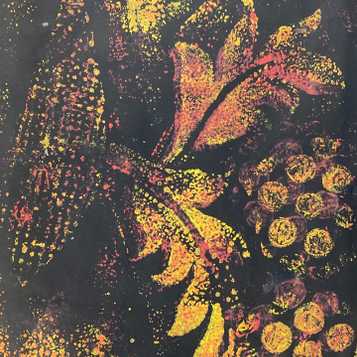 Yellow and red relief print using wallpaper, material and bubble wrap
