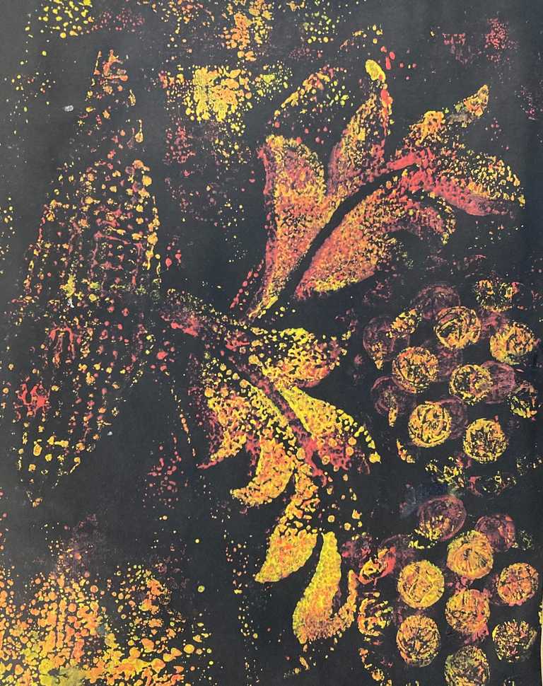 Yellow and red relief print using wallpaper, material and bubble wrap