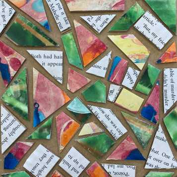 Mosaic cardboard pieces using marbling and book paper