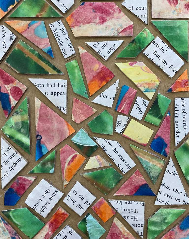 Mosaic cardboard pieces using marbling and book paper
