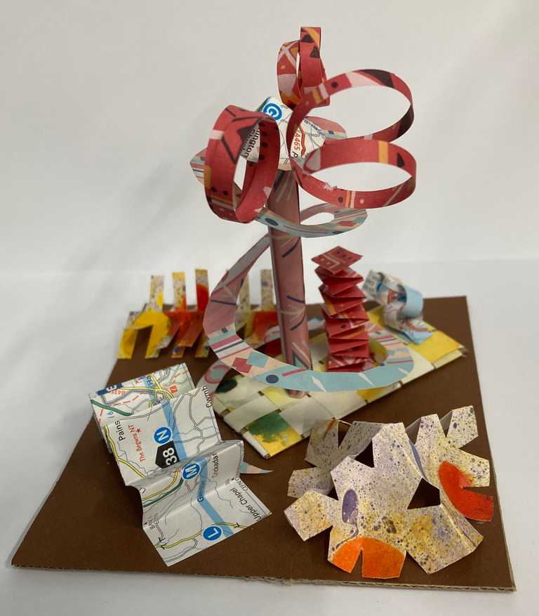 Paper sculpture using old maps,  origami paper, marbled paper and cardboard