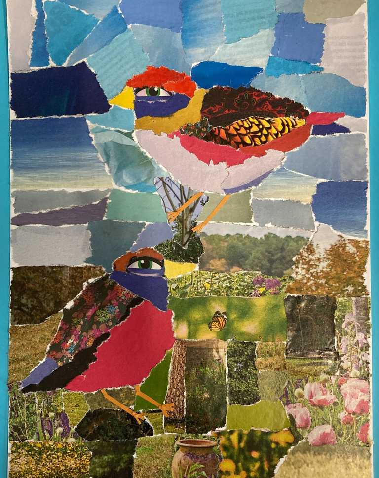 Bird collage using torn magazine pages
