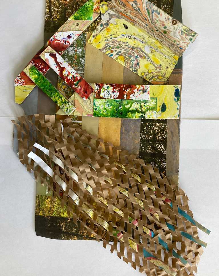 Relief piece using old packaging, magazine, brusho and marbled paper