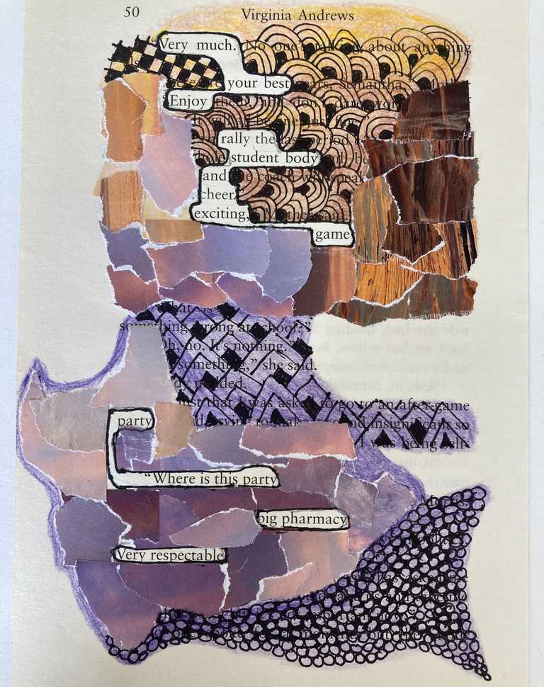 Collage using book paper inspired by the artist Tom Philip's 'A Humamanet' work