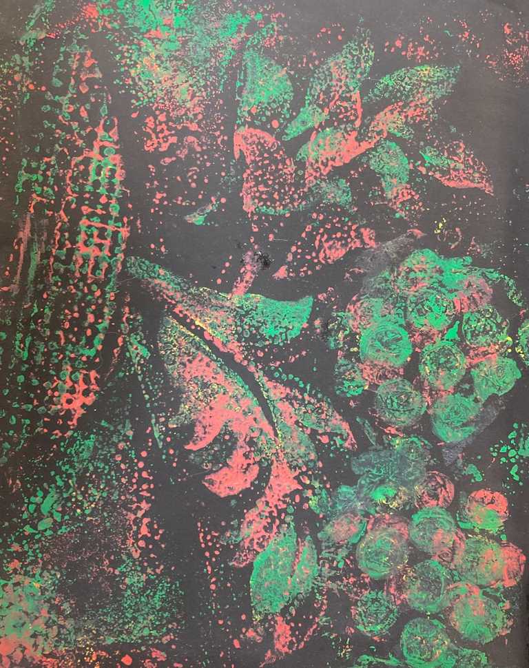 Red and green relief print using wallpaper, material and bubble wrap