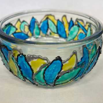 Recycled glass container with glass painted design