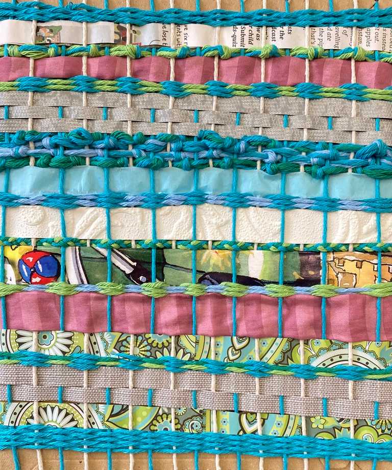Recycled paper, material and wool weaving
